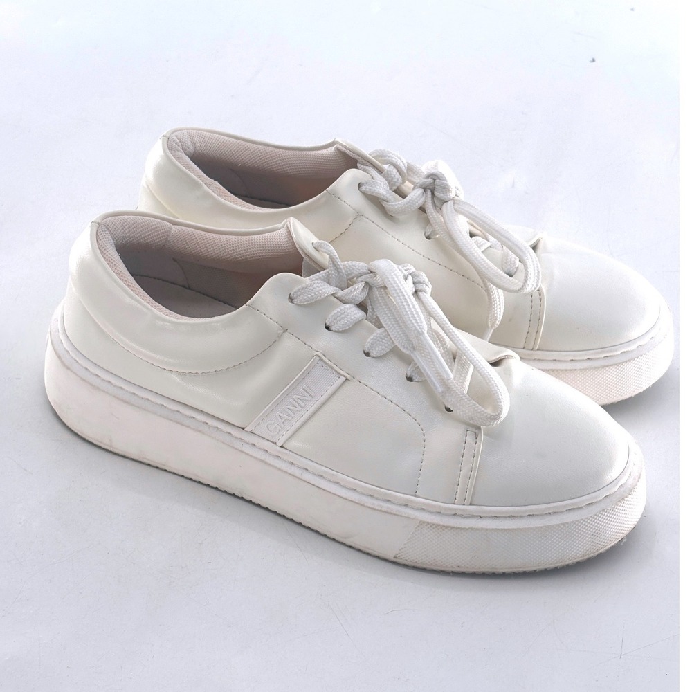 Ganni Sneakers Low Top Sporty Mix Leather Logo White Women Size 5 / 35 Leather
